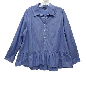 Hannah Plus Size Women 1X Top Blue White Stripe Ruffle Bottom Button up Peplum